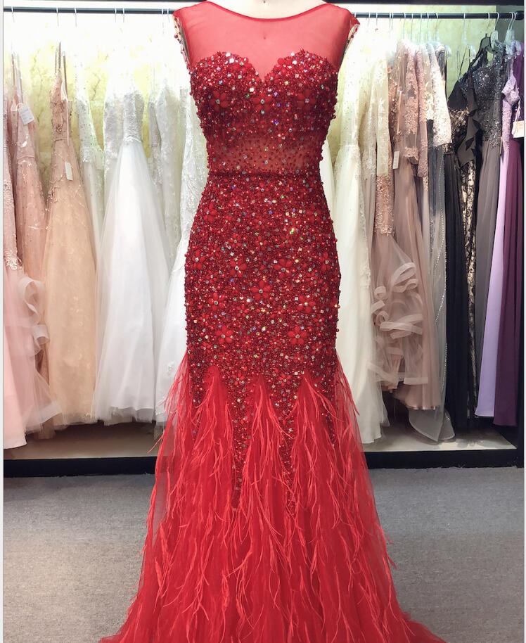 Luxury Beaded Crystal Red Tulle Mermaid Prom Dress Scoop Neck Women Pageant Gowns Plus Size Formal Evening Party Gowns