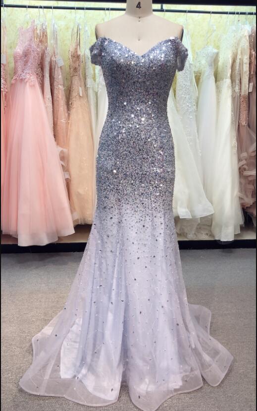 Luxury Beaded Crystal Tulle Mermaid Prom Dress Scoop Neck Women Pageant Gowns Plus Size Formal Evening Party Gowns , Pageant Gowns 2020