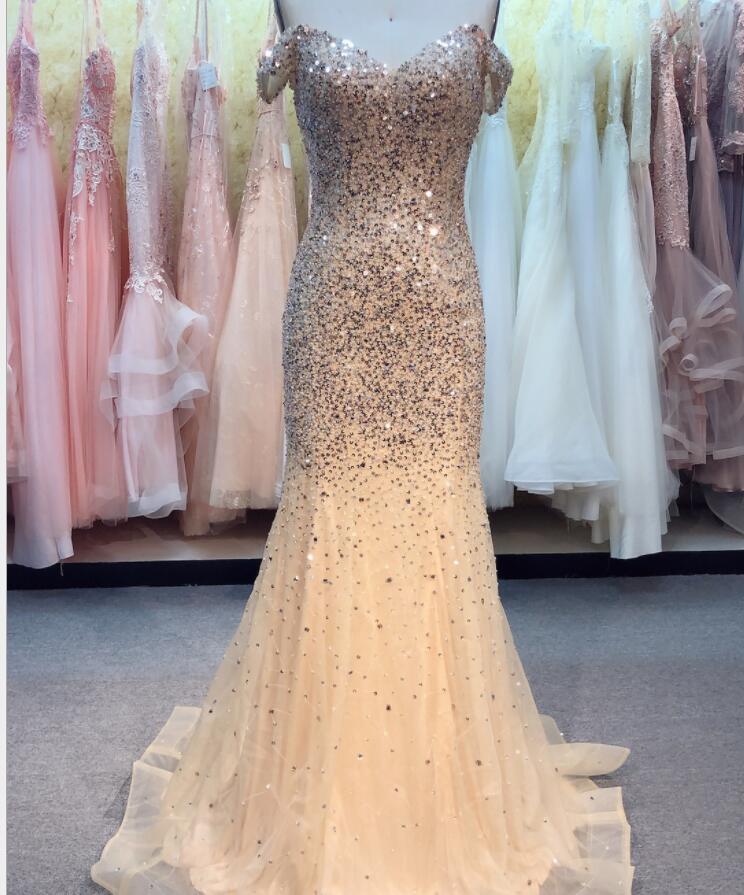 Luxury Beaded Crystal Tulle Light Champagne Mermaid Prom Dress Scoop Neck Women Pageant Gowns Plus Size Formal Evening Party Gowns , Pageant