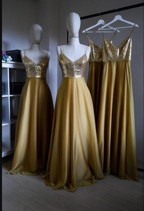 Fashion Spaghetti Strap A Line Long Prom Dress Gold Sequin Corset Women Gowns ,plus Size Formal Party Gowns