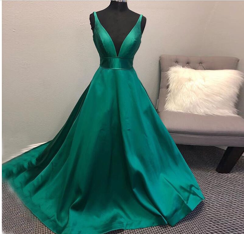 Green Satin V-neck Long Prom Dress Women Party Gowns Plus Size Prom Gowns 2020