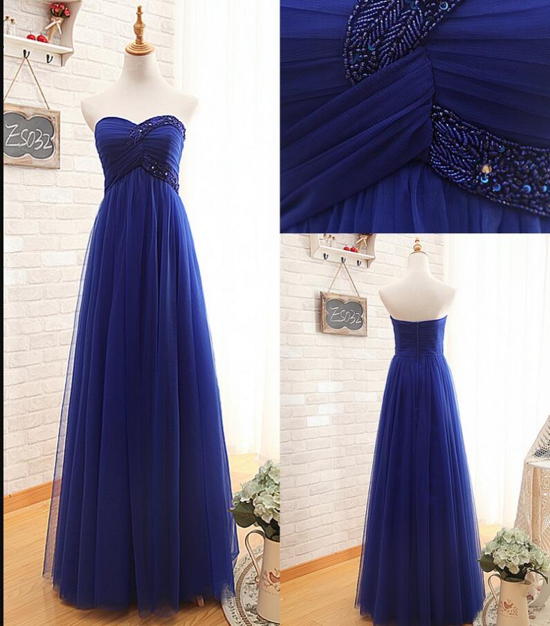 Custom Made Blue Tulle A Line Long Prom Dresses Beaded Formal Evening Dress, Evening Party Gowns
