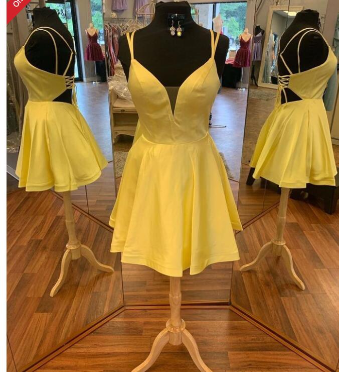 New Arrival Cheap Yellow Satin Short Homecoming Dress ,A Line Short Cocktail Party Gowns , Junior Party Dress 