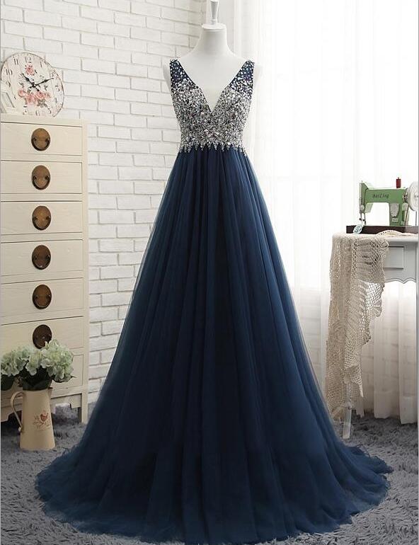 Luxury Beaded Crystal Navy Blue Tulle Long Prom Dress A Line Women Party Gowns Sexy Backless Prom Gowns