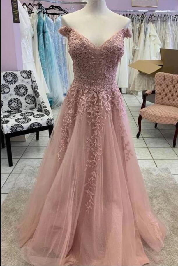 Sexy A Line Lace Formal Evening Dresses With Appliqued Custom Made Long Prom Dress , Pom Party Gowns