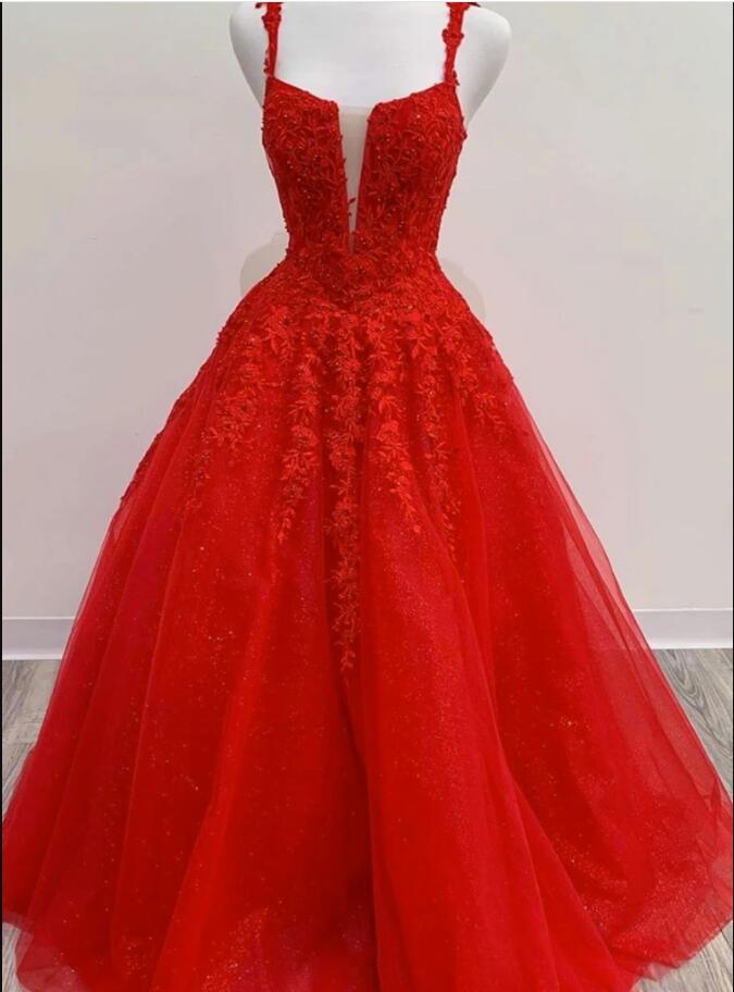 Elegant Red Tulle Ball Gown Quinceanera Dresses Deep Neck Sheer Long Prom Party Gowns ,sweet 16 Quinceanera Gowns Beaded