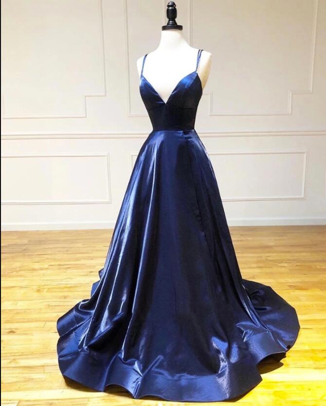 Spaghetti Strap Dark Blue Satin Prom Dress Custom Made Prom Party Gowns , Women Dress