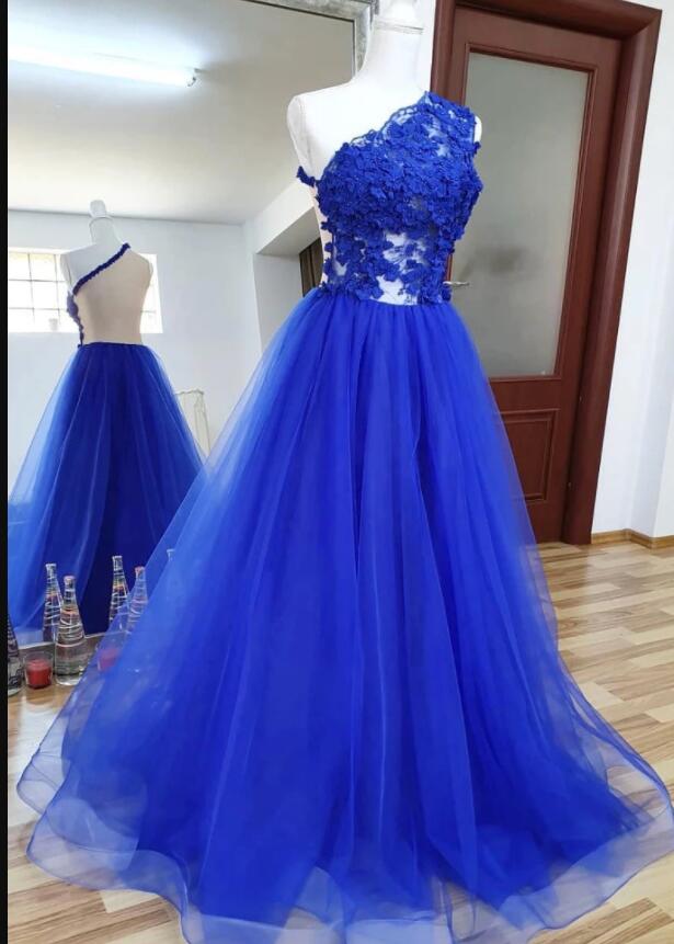 Royal Blue Tulle A Line Long Prom Dresses With Floral Lace 3d 2020 Custom Made Formal Evening Dress , Formal Gowns