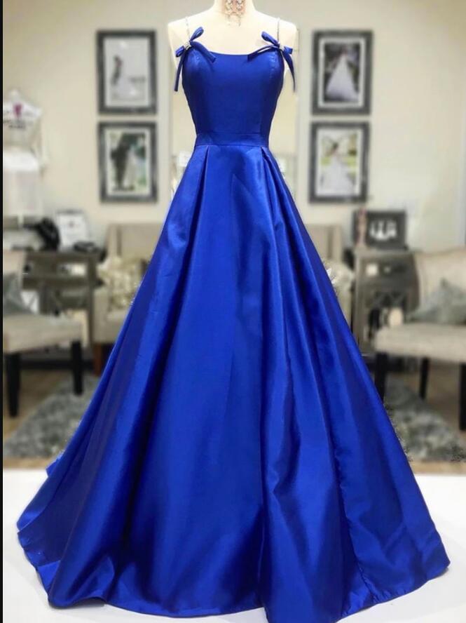 Off Shoulder Royal Blue Satin Long Prom Dresses , Prom Gowns