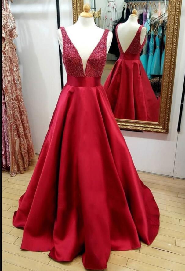 Custom Made V-neck Beaded Long Prom Dress Red Satin Prom Party Gowns ,plus Size Prom Gowns , Beaded Evening Dresses