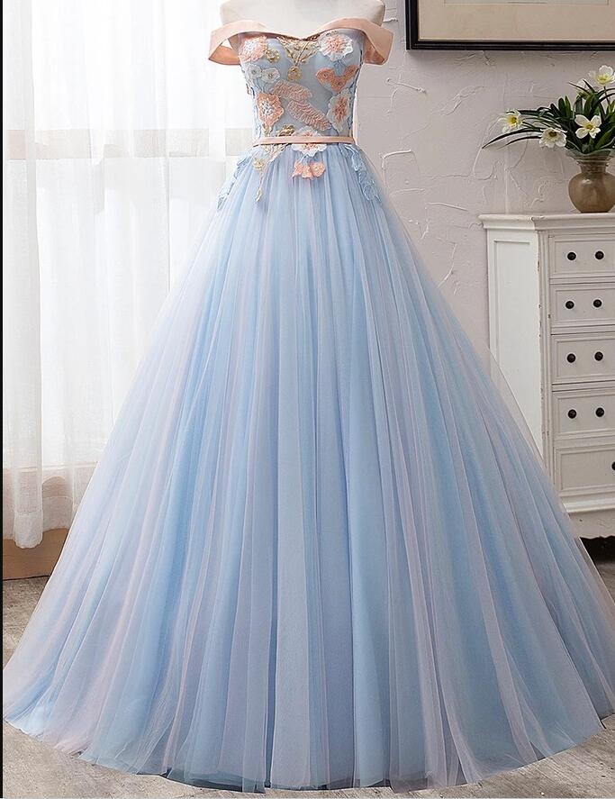 Off Shoulder Light Sky Blue Tulle Long Prom Dress Custom Made Women Party Gowns ,formal Dress