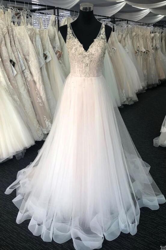 Custom Made White V-Neck Tulle Ball Gown Wedding Dresses 2020 Cheap ...