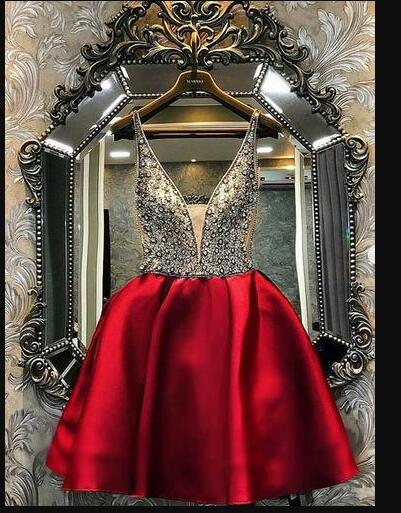 Burgundy V-neck Beadeding Short Homecoming Dress A Line Mini Cocktail Party Gowns , Prom Gowns 2020