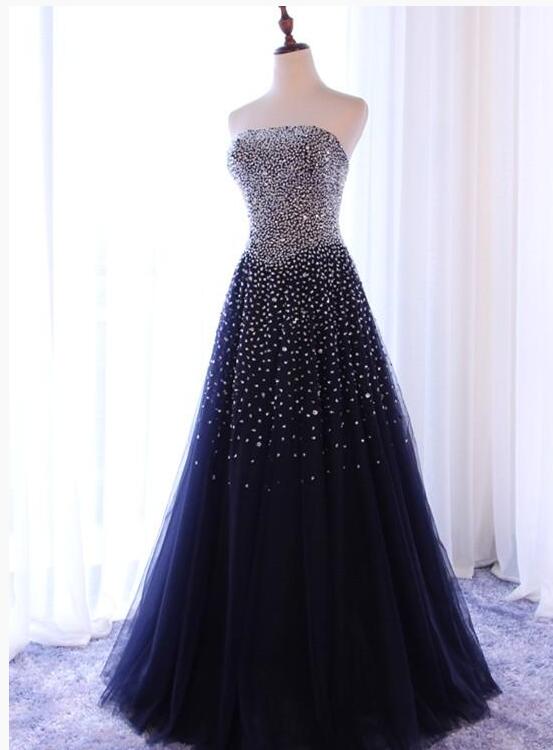 Luxury Beaded Navy Blue A Line Long Prom Dresses Custom Made Women Party Gowns ,sexy Wedding Guest Gowns