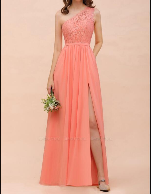 Coral Lace One Shoulder Long Bridesmaid Dress A Line Wedding Party Gowns ,plus Size Bridesmaids Dresses 2020