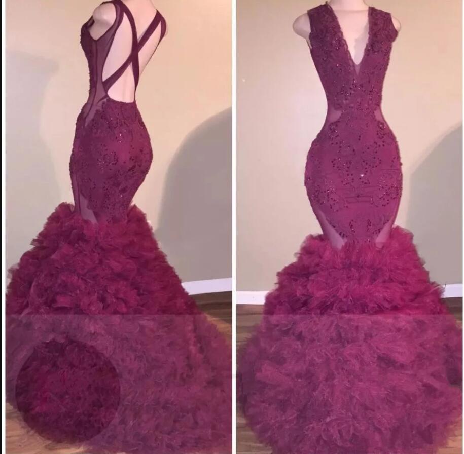Sexy Burgundy Tulle Lace Beaded Mermaid Prom Dresses V-neck Women Party Gowns 2020 Formal Evening Dress