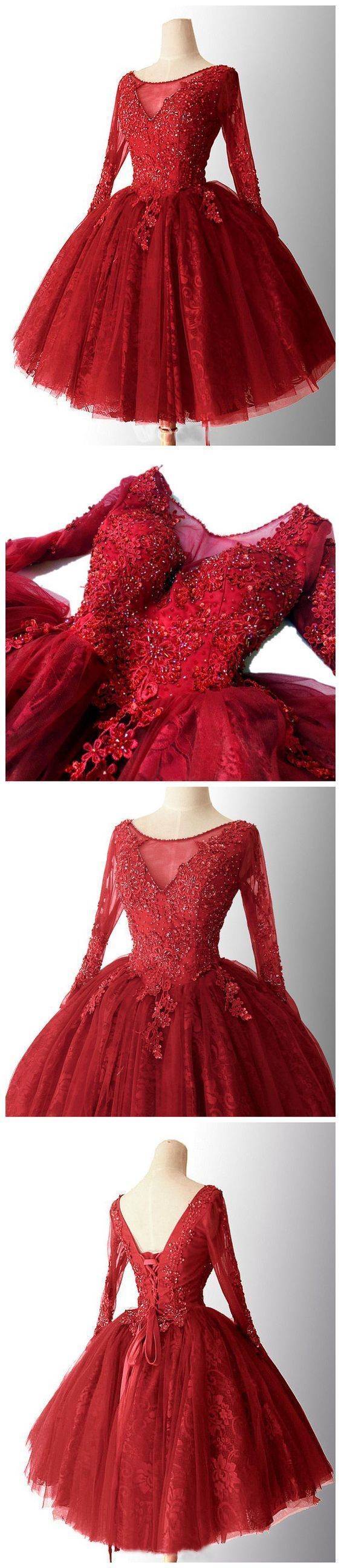 Red Tulle Lace Short Homecoming Dresses With Long Sleeve Beaded Girls Party Gowns Custom Made Mini Prom Party Gowns