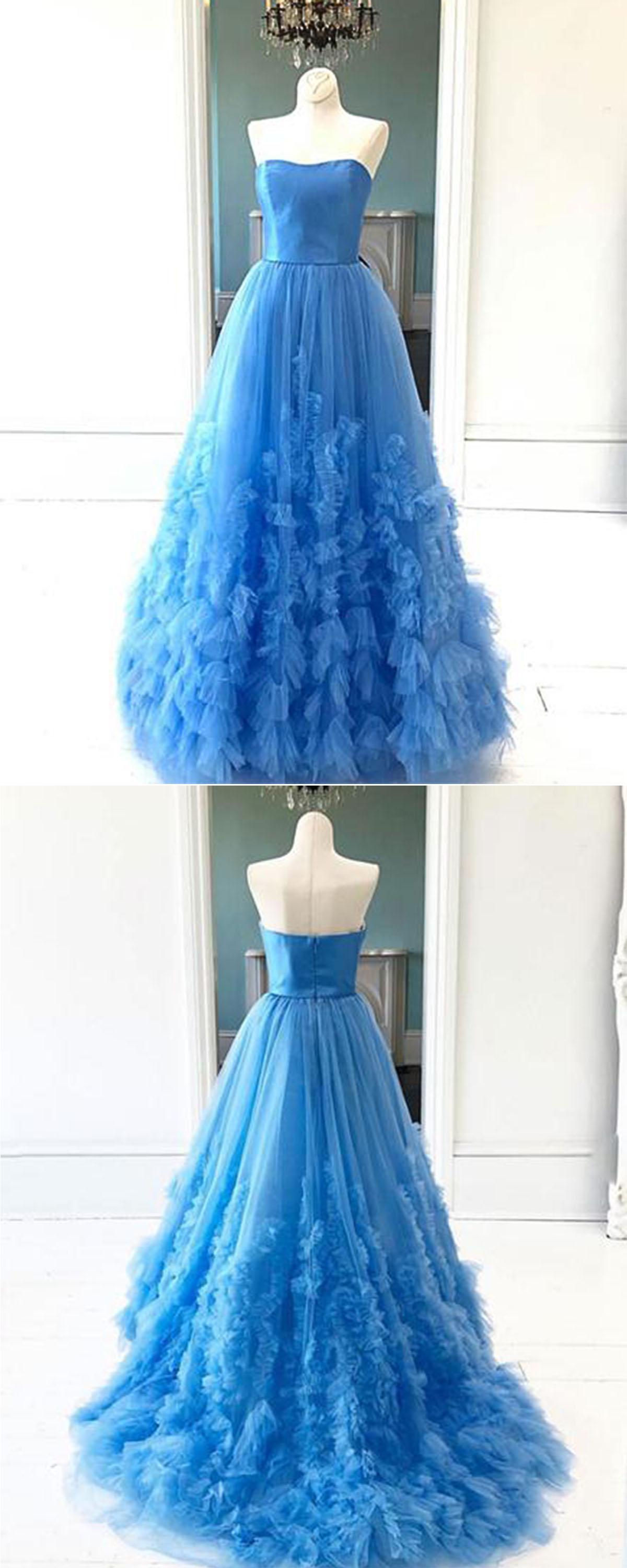 Fashion Blue Tulle A Line Formal Evening Dresses Cusatom Made Long Prom Dress,red Tulle Prom Gowns