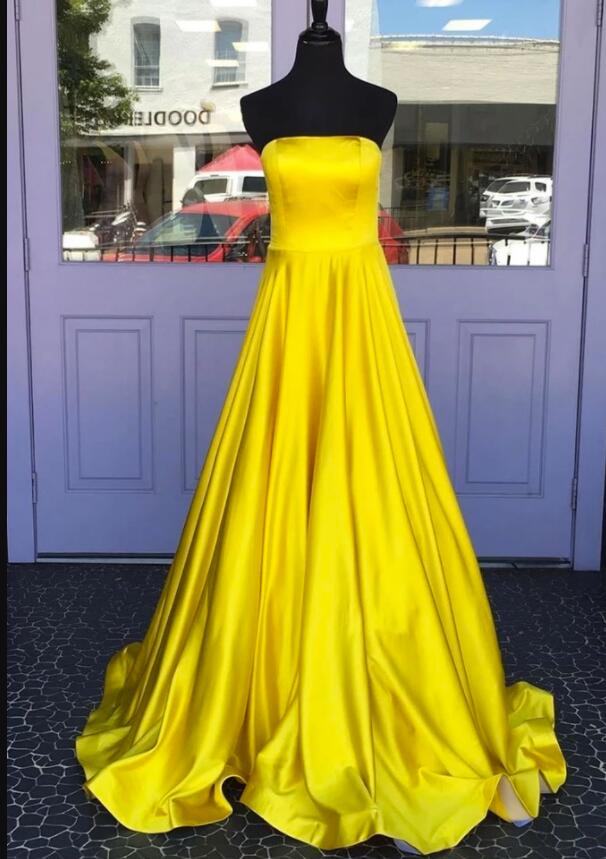 Off Shoulder Yellow Satin A Line Long Prom Dresses Custom Made Women Party Gowns , Prom Gowns