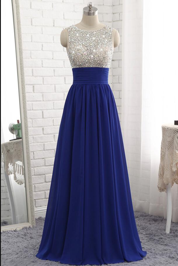 Shiny Beaded Royal Blue Chiffon A Line Long Prom Dresses Floor Length Women Party Gowns , Evening Dress