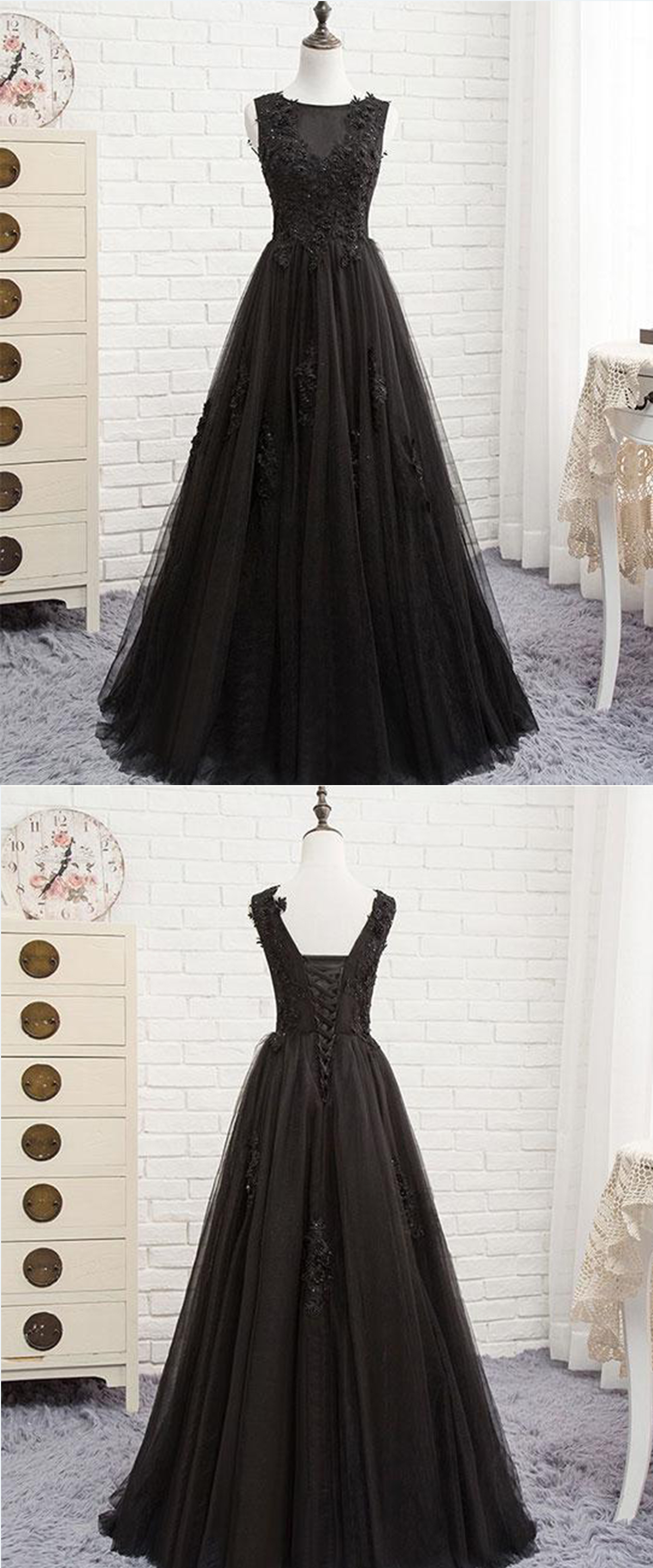 Black V-necl Lace Formal Evening Dresses A Line Prom Dress , Black Prom Gowns Long