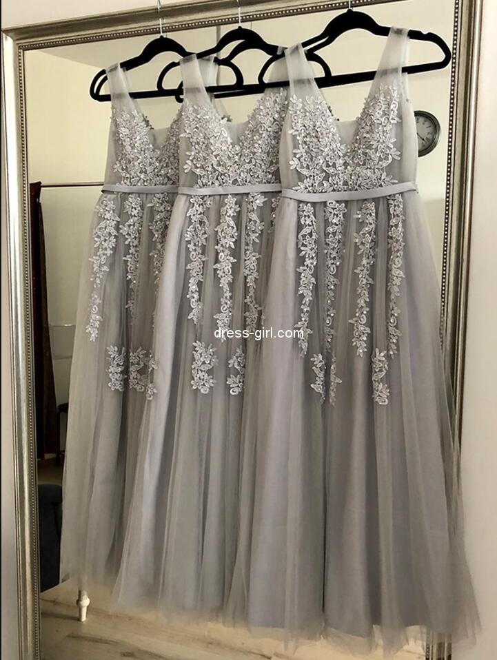 Custom Made Silver Tulle Lace Long Prom Dresses A Line Sheer Appliqued Wedding Party Gowns Prom Party Gowns ,formal Evening Gowns