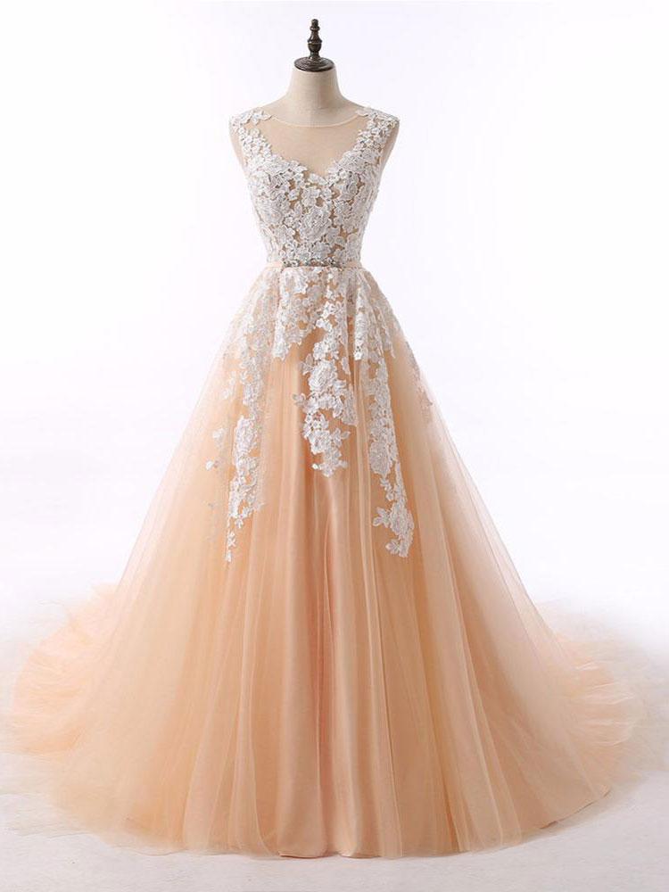 Elegant Light Champagne Tulle Sheer Scoop Neck Formal Evening Dresses A Line Women Party Gowns With Lace Appliqued , Wedding Party Gowns ,formal