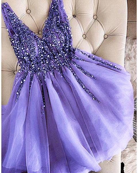 Luxury Beaded Lavender Tulle Short Homecoming Dress A Line Party Gowns ,custom Made Short Junior Cocktail Gowns