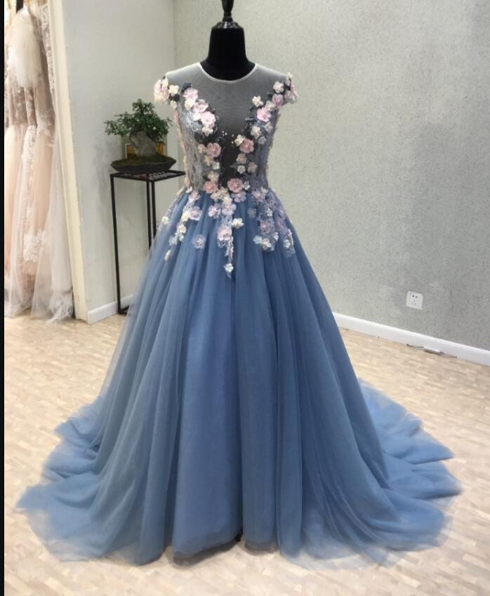 Elegant Scoop A Line Blue Tulle Prom Dresses With Beaded Flowers 2020 Women Party Gowns ,sexy Ball Gowns Quinceanera Party Gowns .