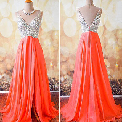 Elegant V-neck Beaded Crystal Long Prom Dress Custom Made Prom Gowns Long , Beadeding Long Prom Party Gowns