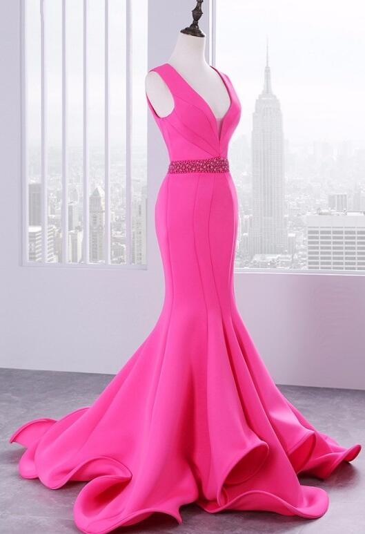Custom Made Fuchsia Beaded Mermaid Prom Dresses, Long Prom Dress, Women Formal Gowns , Party Gowns 2020