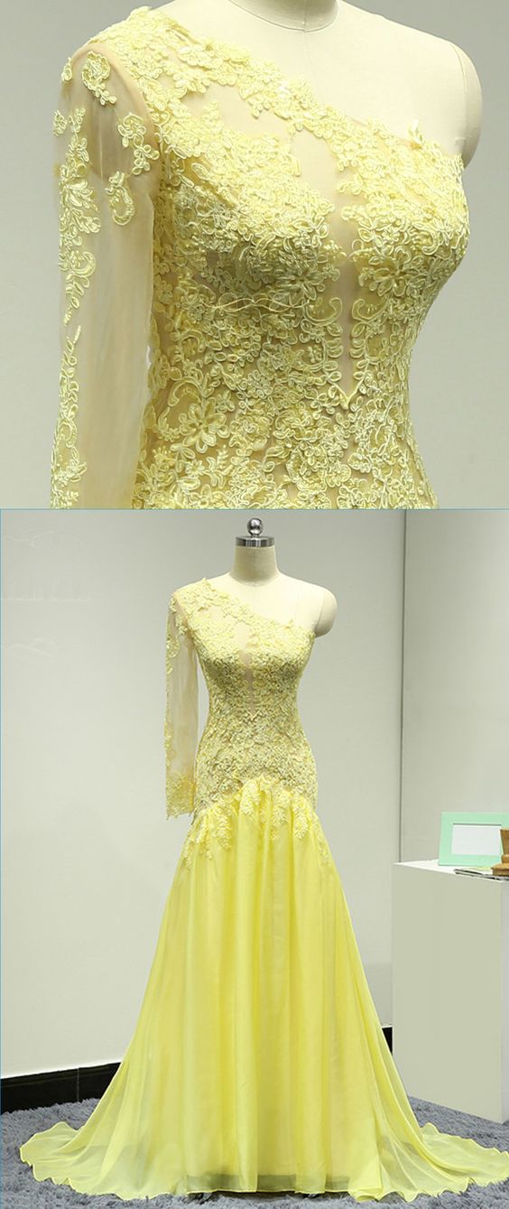 Yellow Tulle One Shoulder Mermaid Prom Dress With Long Sleeve Women Party Gowns ,sexy Formal Evening Dress , Wedding Party Gowns 2020