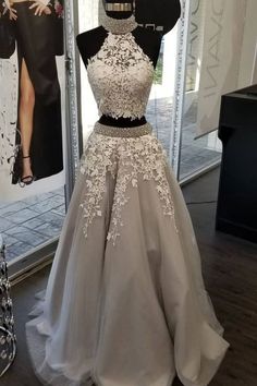 Silver High Neck Two Pieces Long Prom Dresses A Line Women Party Gowns 2020 Wedding Guest Gowns With Lace Appliqued