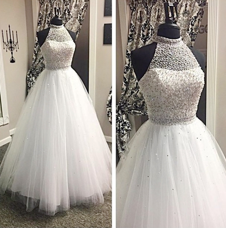 Shiny Ball Gown Prom Dress White Beaded Crystal Off Shoulder Long Prom Gowns ,formal Women Gowns , Party Gowns 2020