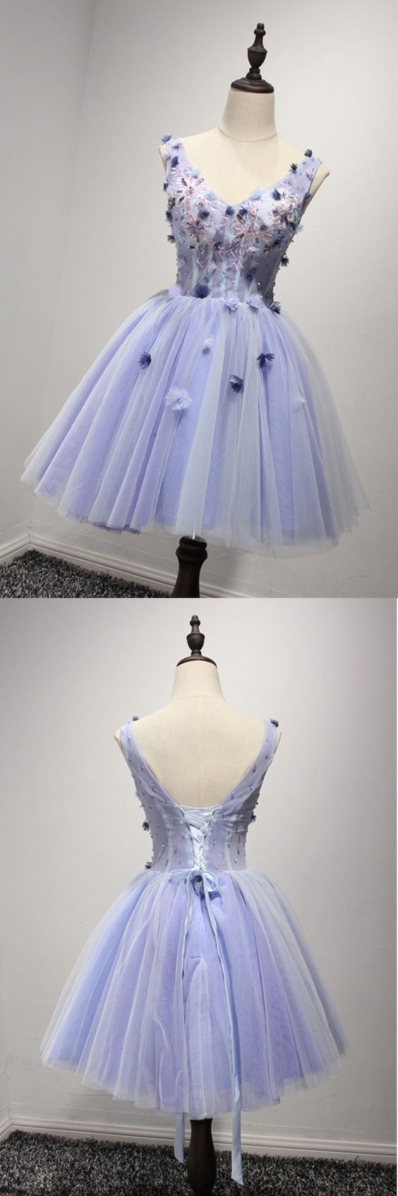 V-neck Lavender Tulle Short Homecoming Dress With Hand Made Flower Custom Made Sweet 16 Prom Party Gowns ,short Cocktail Gowns For Teens