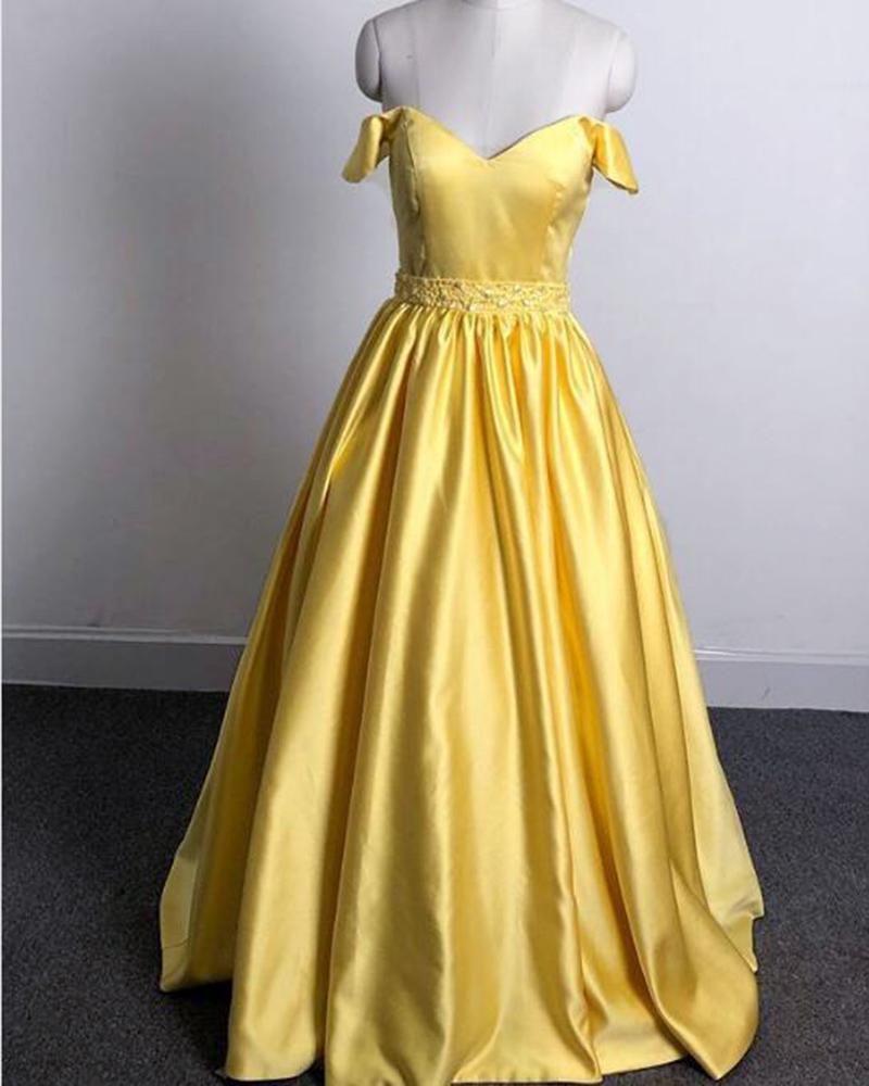Shiny Beaded Yellow Satin A Line Prom Dress Long Custom Made Women Party Gowns ,Cheap Yellow Prom Gowns Long ,Formal Evening Dress 2020