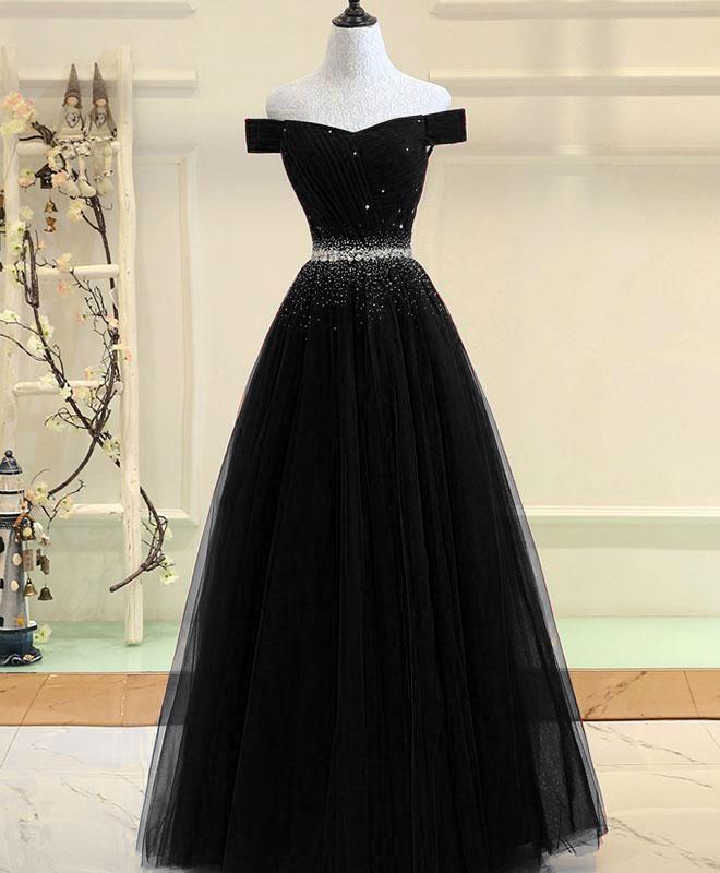 Black Tulle Beaded A Line Women Prom Dress 2020 Prom Party Gowns ,sweet 15 Prom Party Gowns