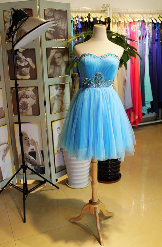 Off Shoulder Blue Tulle Beaded Short Homecoming Dress Above Length Mini Cocktail Party Gowns ,wedding Party Gowns