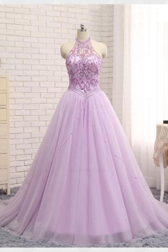 Plus Size Halter Beaded Crystal A Line Prom Dresses,custom Made Lavender Tulle Prom Dresses,sweet 16 Quinceanera Dresses