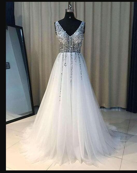 Luxury Beaded White Tulle Ruffle Long Prom Dresses Custom Made Women Party Gowns ,formal Evening Dress , Prom Gowns