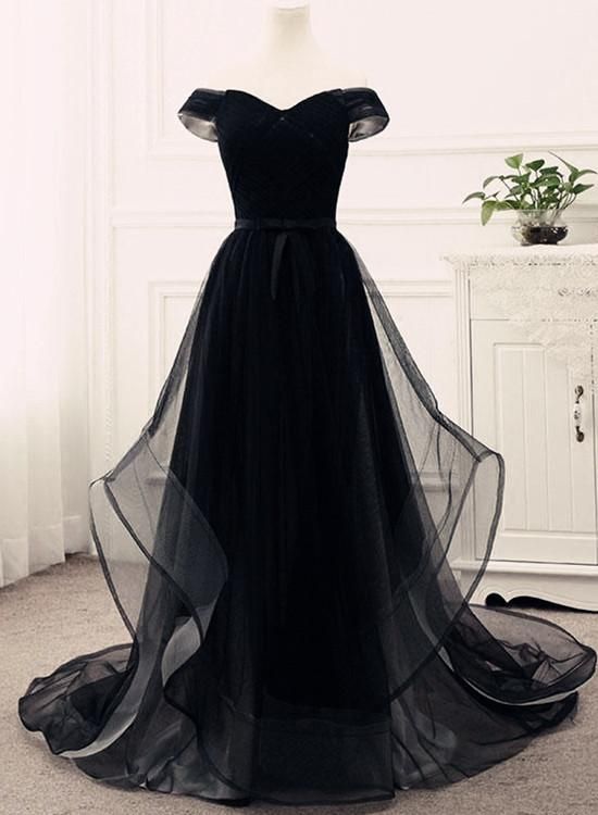 Plus Size Black Tulle A Line Long Prom Dresses 2020 Custom Made Women Party Gowns , Sweet Prom Party Gowns