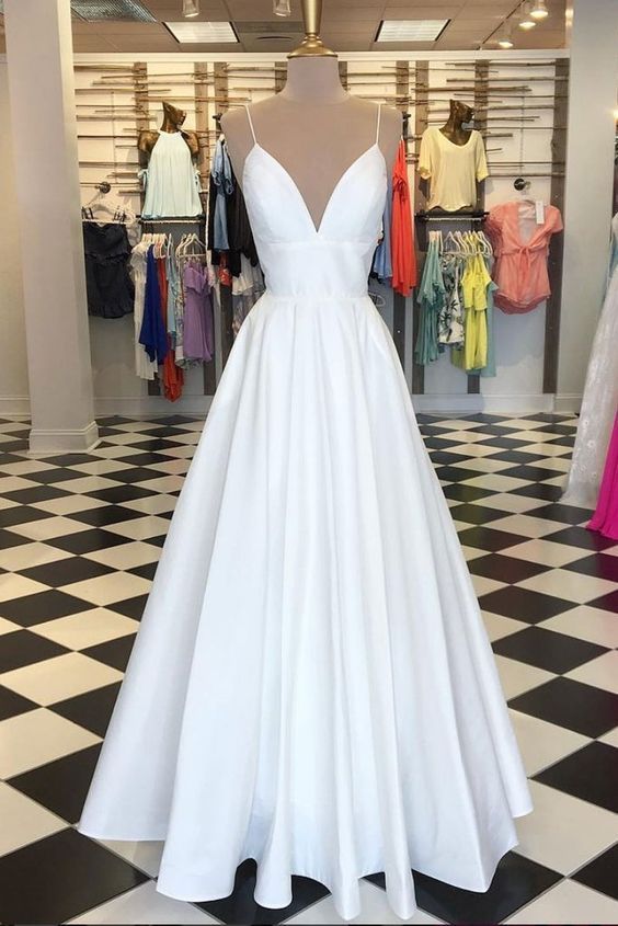 V-neck White Satin Spaghetti Strap Long Prom Dresses , A Line Women Prom Party Gowns, Wedding Party Gowns
