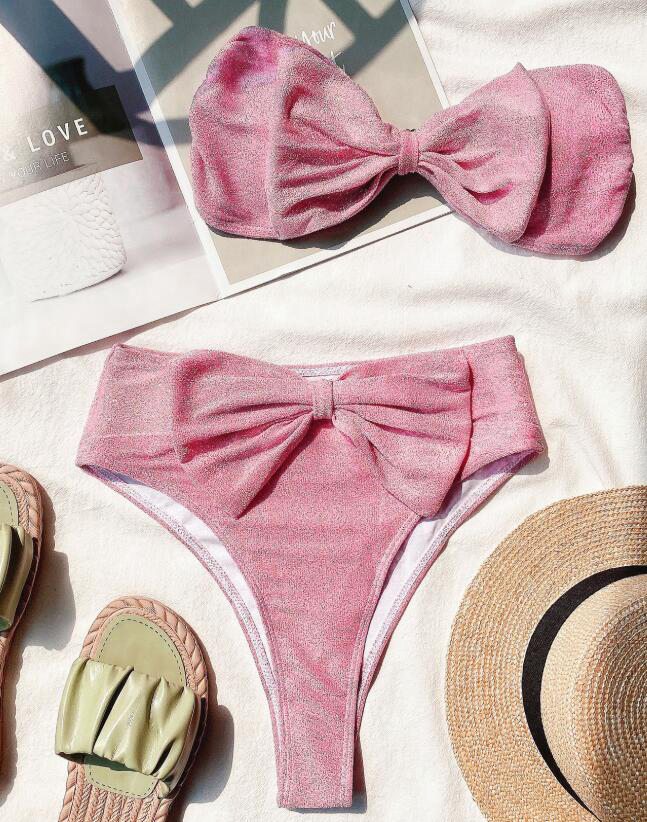 Pink Two pieces bikini set swimsuit with cute bow accent, Push Up Bikini Set Padded Bra Sexy Swimsuit Hot Bandage Swim Suit 