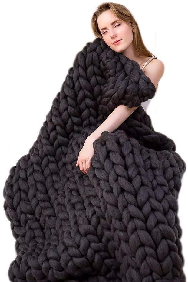 Size 40x80Inches Chunky Knit Blanket Merino Wool Arm Knitted Throw Soft and Huge Throw,Bed Chair Sofa Yoga Mat Rug Black