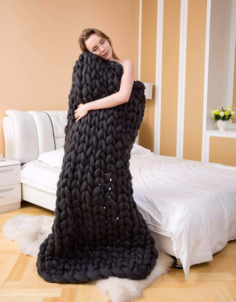 Size 47x 60inches Chunky Knit Blanket Merino Wool Arm Knitted Throw Soft And Huge Throw,bed Chair Sofa Yoga Mat Rug Black