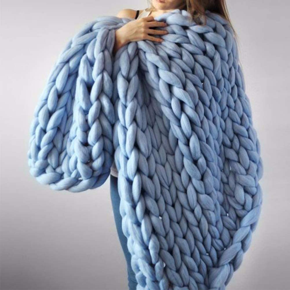 Size 40x47Inches Chunky Knit Blanket Merino Wool Arm Knitted Throw Soft and Huge Throw,Bed Chair Sofa Yoga Mat Rug Blue
