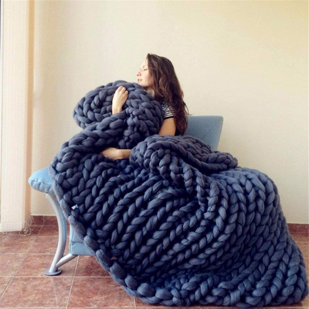 Size 32X40Inches Knit Blanket Merino Wool Arm Knitted Throw Soft and Huge Throw,Bed Chair Sofa Yoga Mat Rug Navy blue 