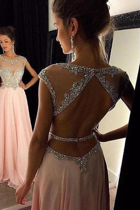 Charming Backless Long Prom Dresses O Neck Beaded Women Evening Dresses Formal A Line Pink Chiffon Prom Dress 2018 Girls Graduation Gowns