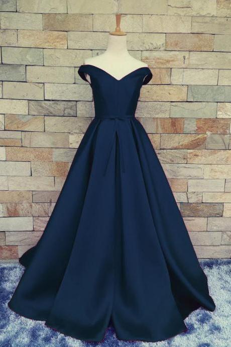 Charming Dark Navy Blue Long Prom Dresses A Line Satin Sample Evening Dresses V Neck Sexy Prom Gowns With Ruffle And Lace Up