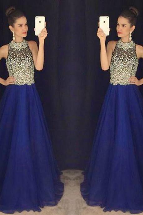 Shiny Crystal Chiffon Blue Forla Prom Dresses A Line High Neck Long Evening Gowns 2018 Custom Made Girls Graduation Dress Women Party Gowns
